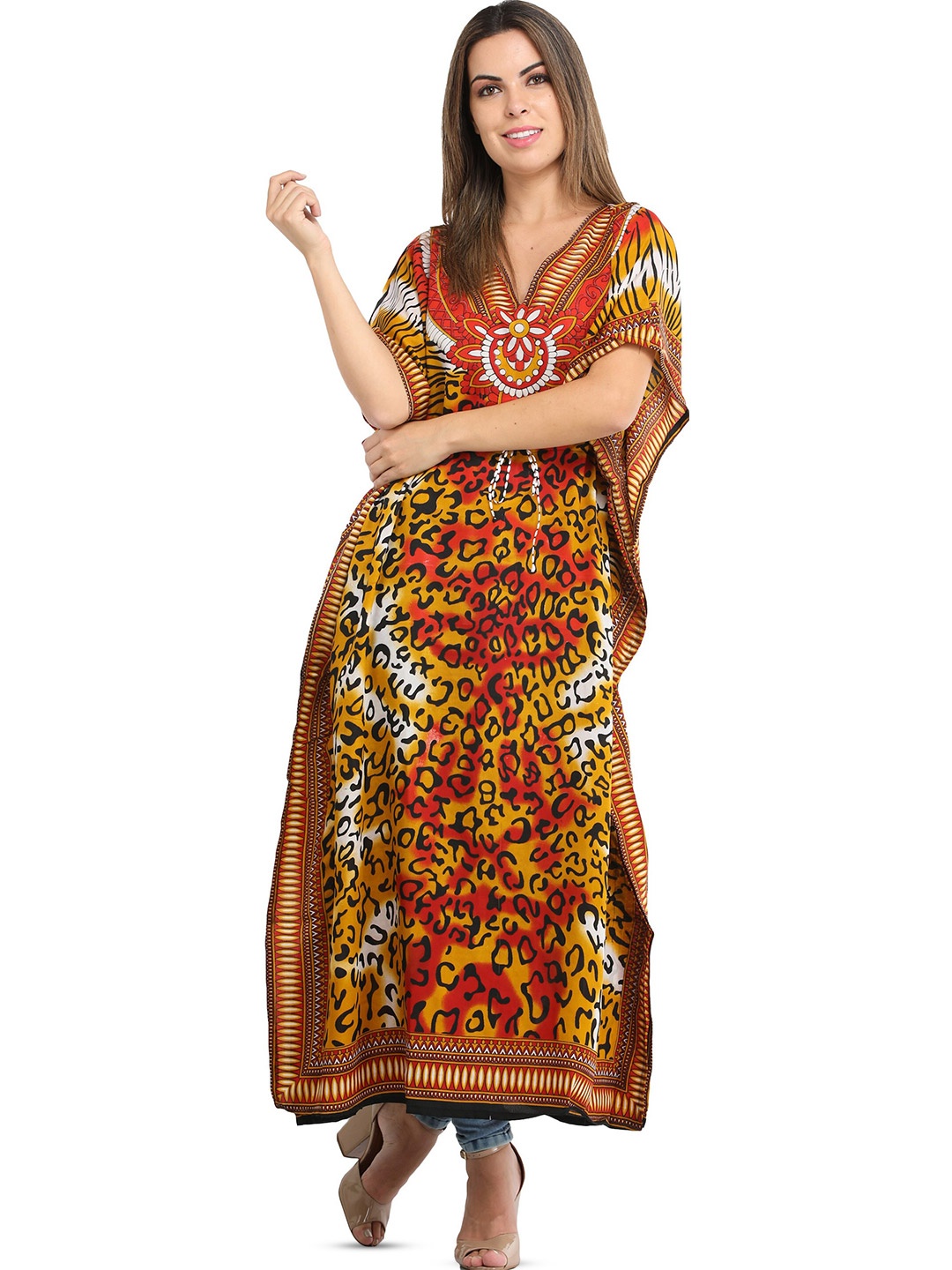 

Exotic India Bittersweet Red Long Kaftan with Printed Tiger-stripes and Dori at Waist