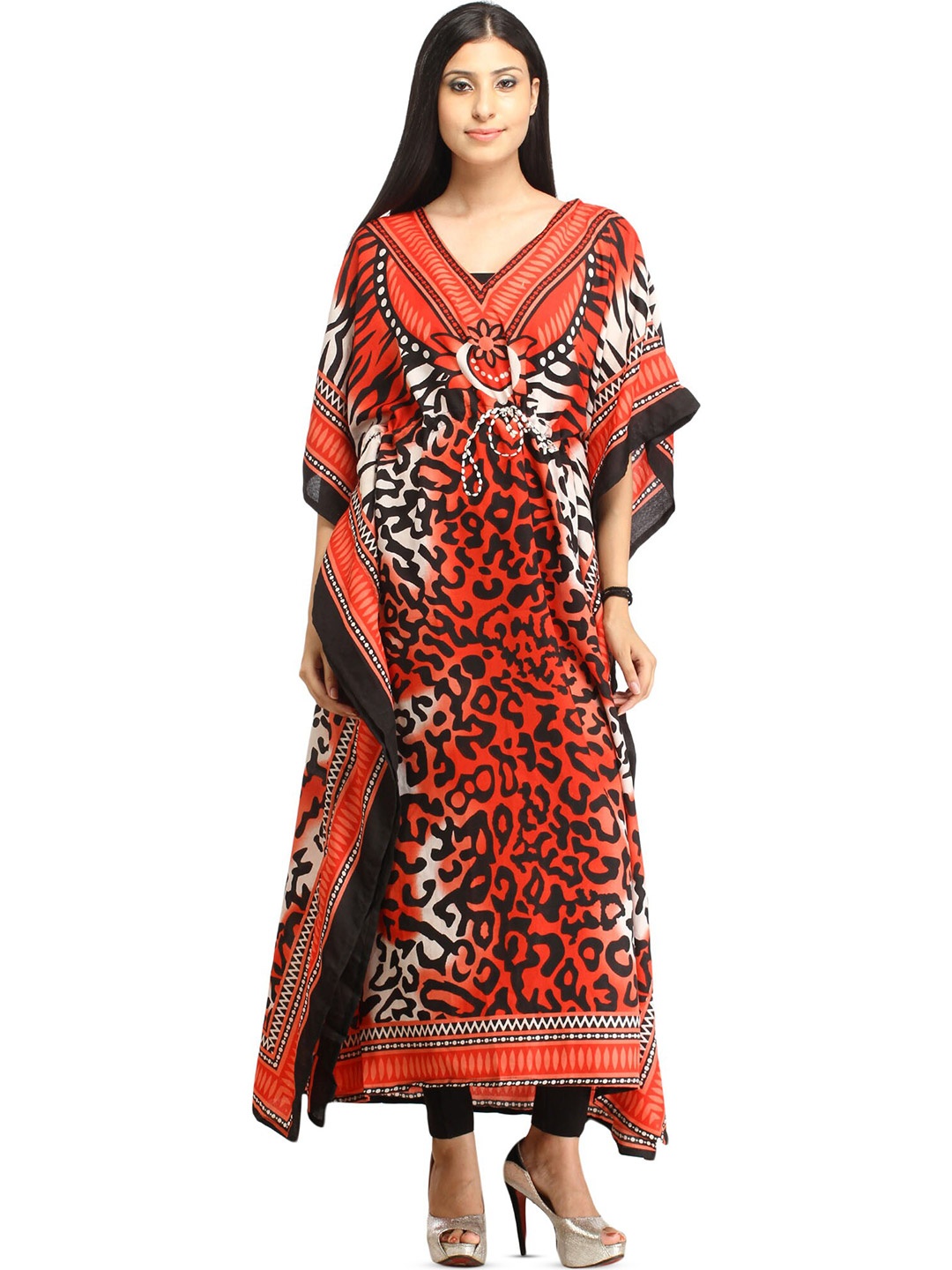 

Exotic India Long Kaftan with Printed Tiger-stripes and Dori at Waist, Red