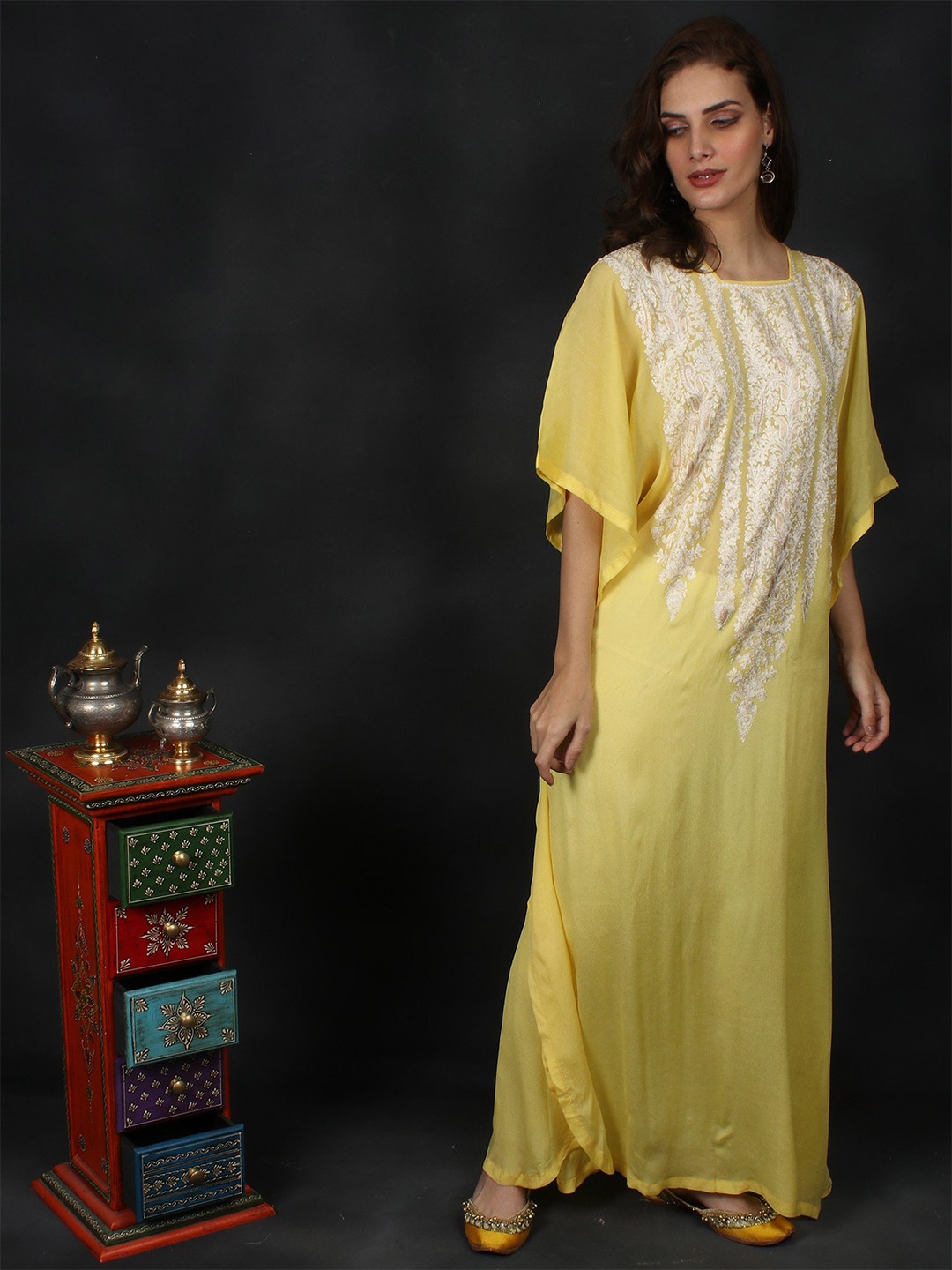 

Exotic India Lemon Yellow Long Kashmiri Crepe Kaftan with Floral Aari Embroidery