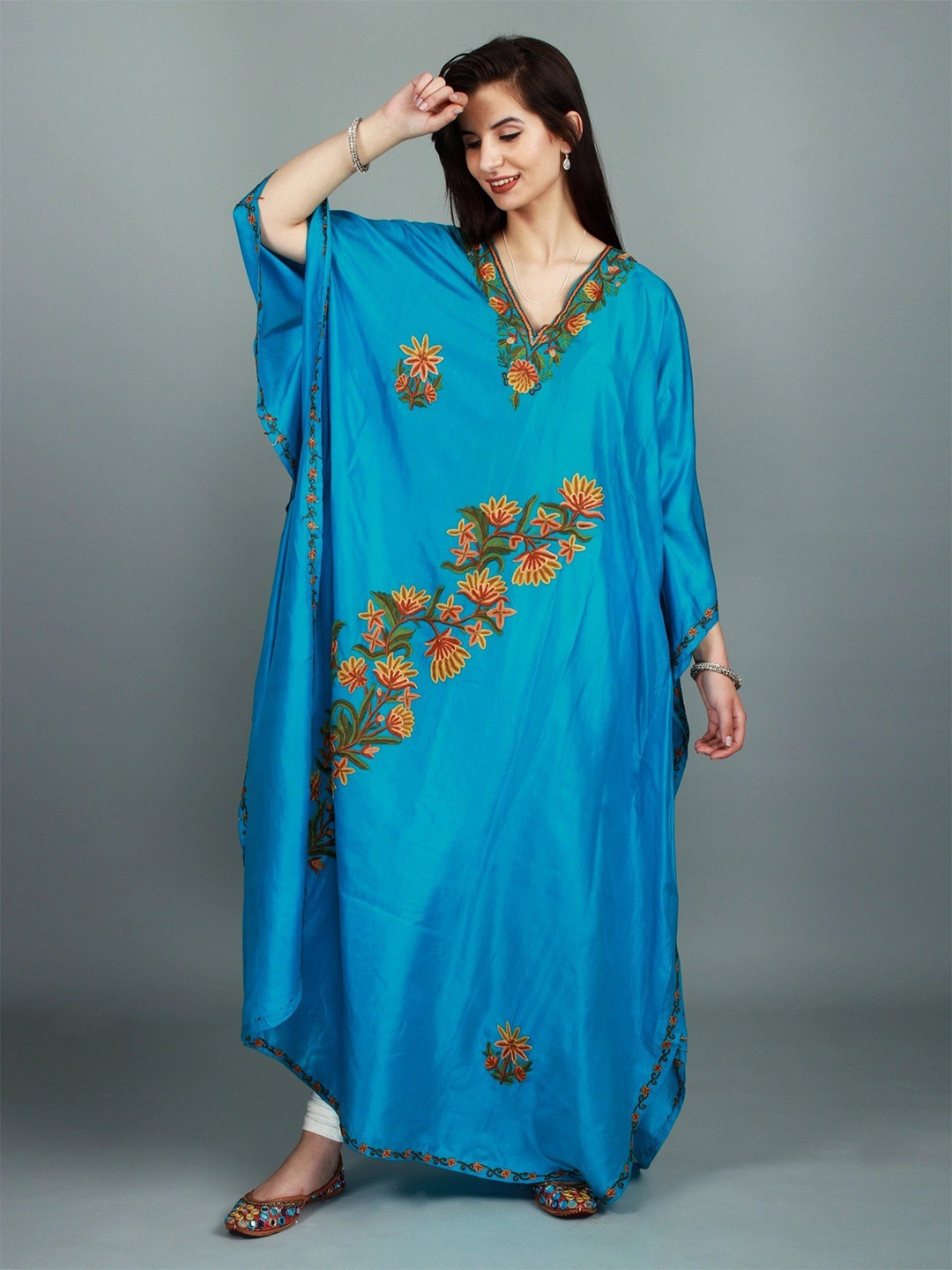 

Exotic India Floral Printed V-Neck Silk Tunic, Blue