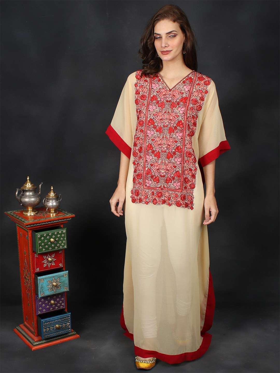 

Exotic India Floral Aari Embroidered Georgette Kashmiri Kaftan, Red