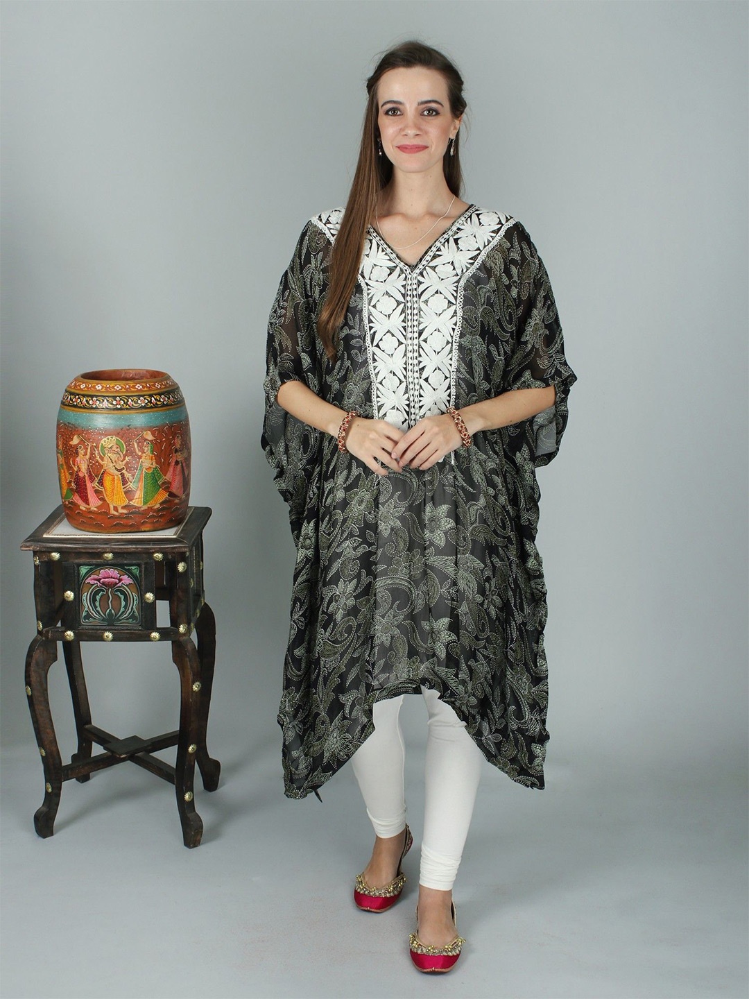 

Exotic India Ethnic Motifs Print Kaftan Midi Dress, Black