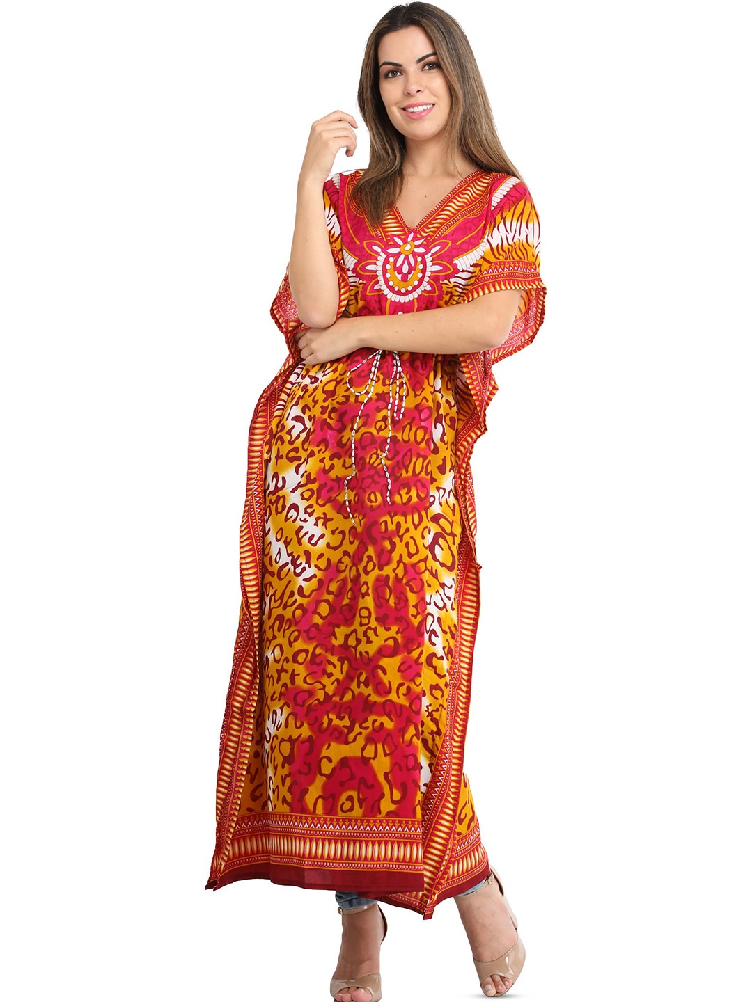 

Exotic India Magenta Pink Long Kaftan with Printed Tiger-stripes and Dori at Waist