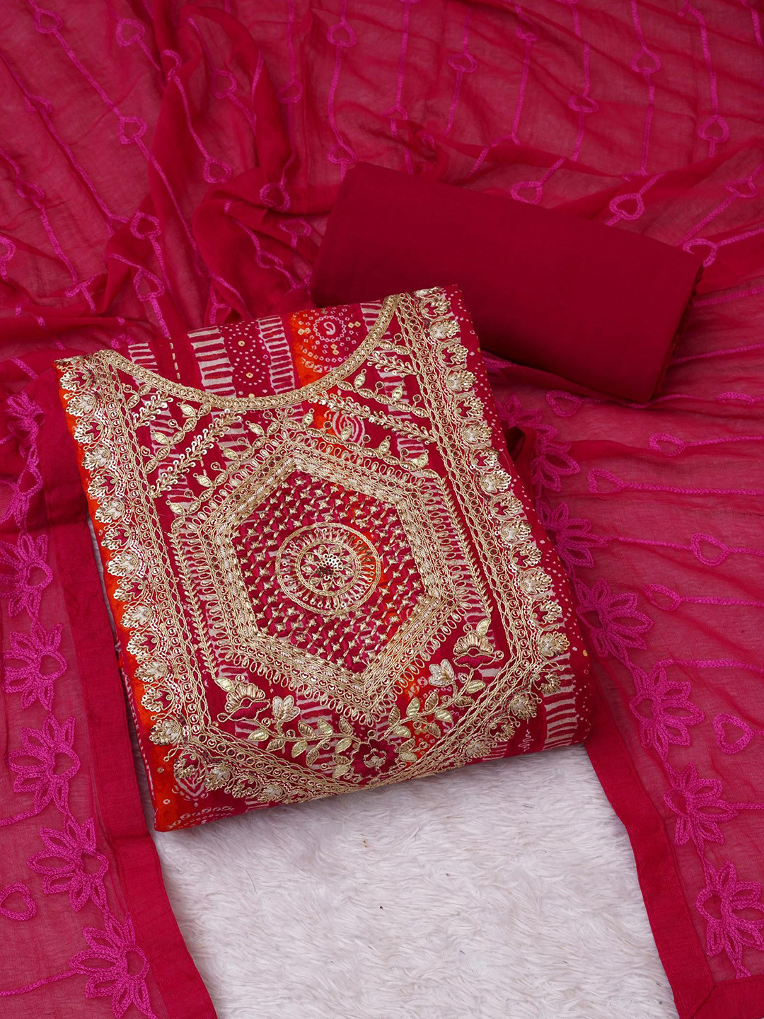 

KALINI Ethnic Motifs Sequinned Embroidered Viscose Rayon Unstitched Dress Material, Pink