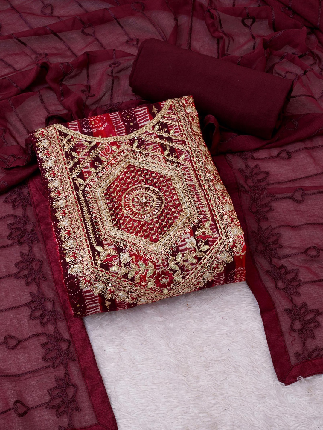 

KALINI Embroidered Viscose Rayon Unstitched Dress Material, Maroon