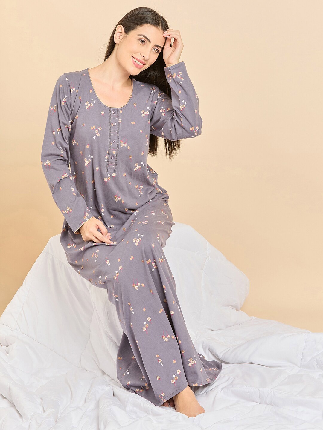 

Sweet Dreams Floral Printed Pure Cotton Maxi Nightdress, Purple