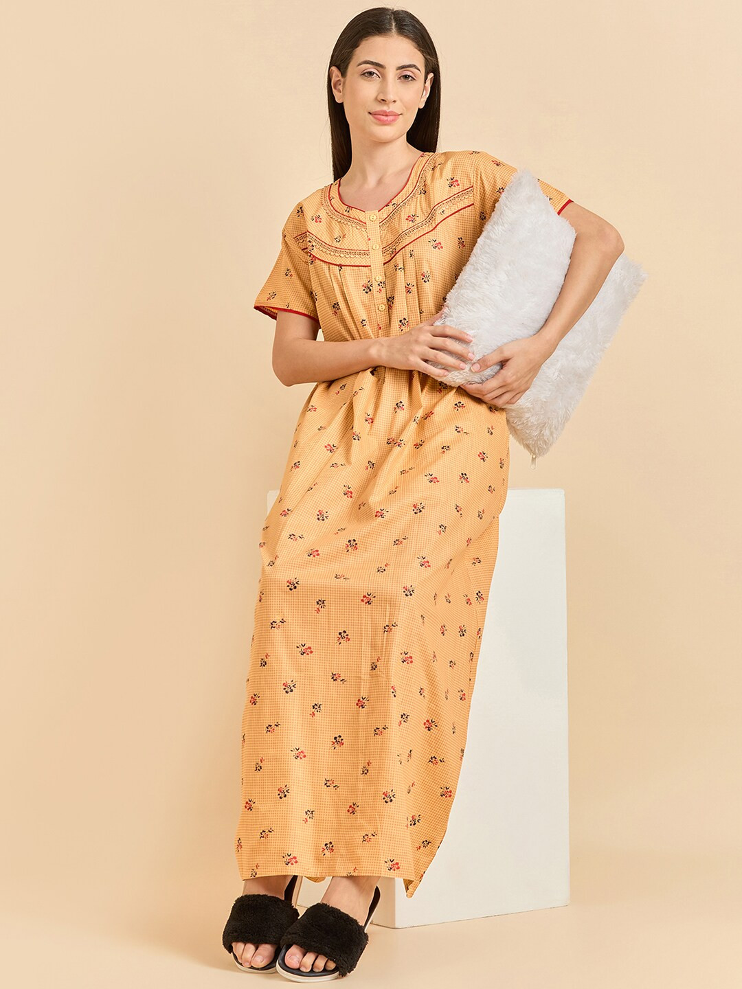 

Sweet Dreams Floral Printed Pure Cotton Maxi Nightdress, Mustard