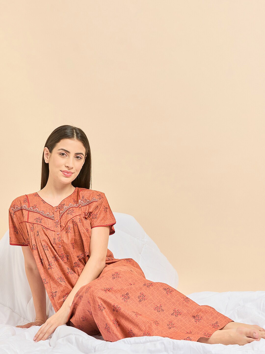 

Sweet Dreams Floral Printed Pure Cotton Maxi Nightdress, Rust