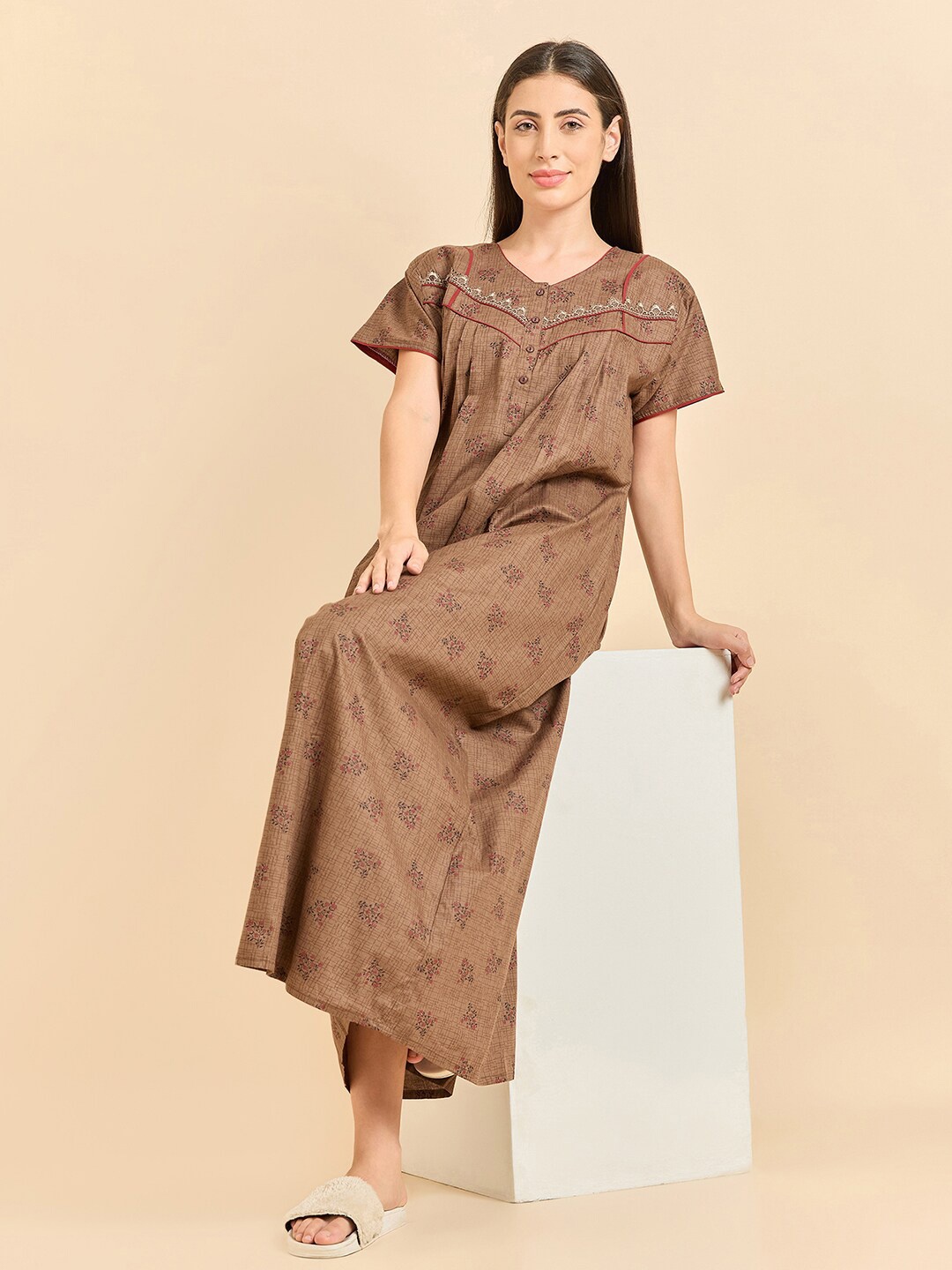 

Sweet Dreams Floral Printed Pure Cotton Maxi Nightdress, Brown