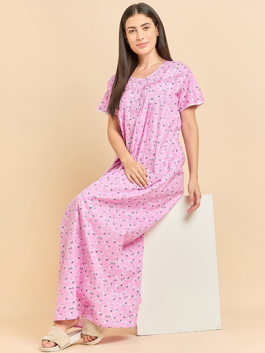 

Sweet Dreams Floral Printed Pure Cotton Maxi Nightdress, Pink