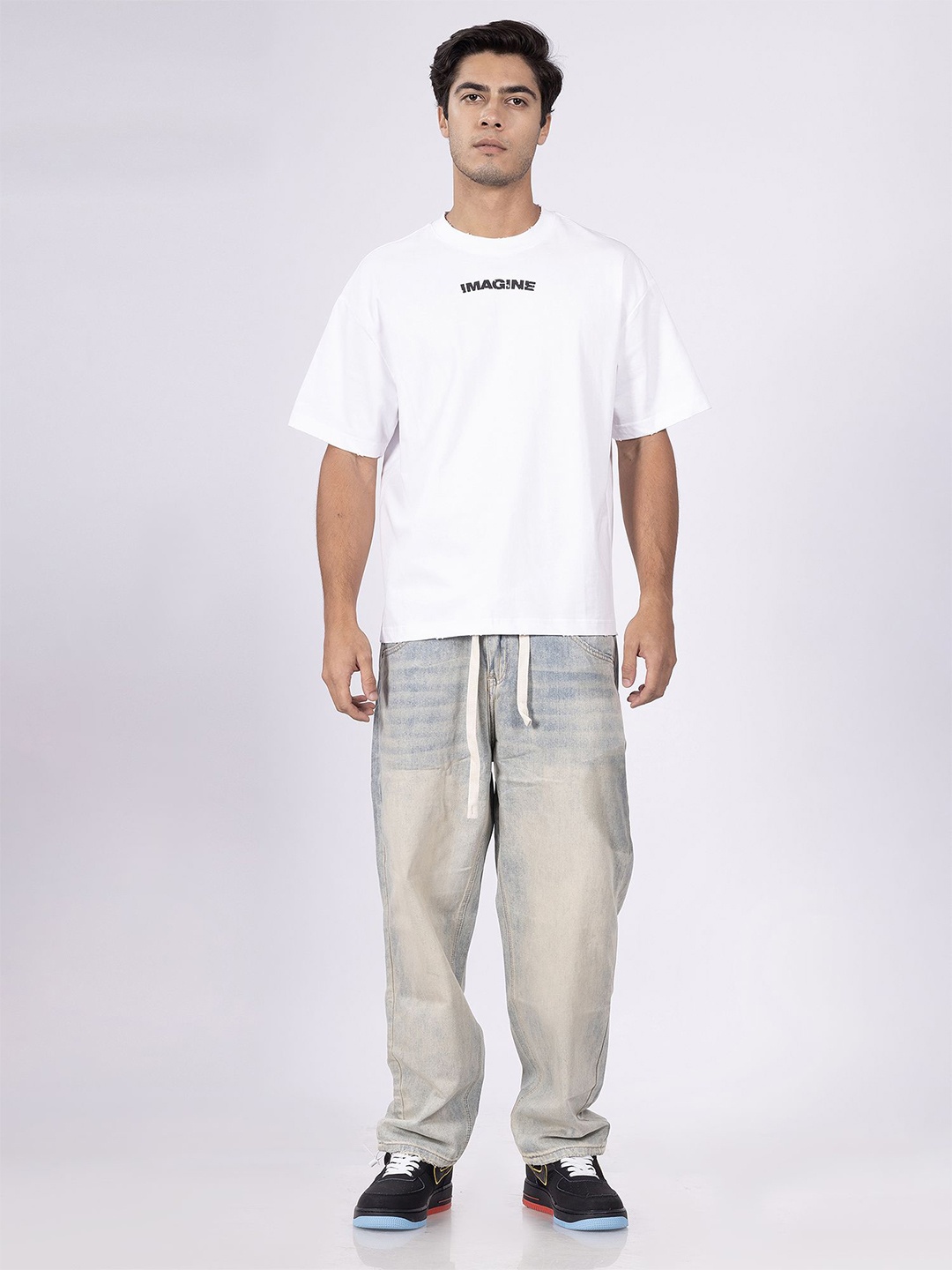 DIMEH Typography Printed Round Neck Baggy T-shirt, White