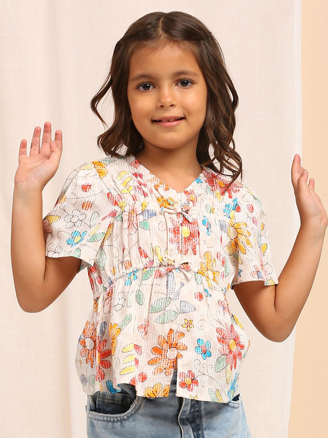

My Milestones Floral Print Flutter Sleeve Cotton Top, Off white
