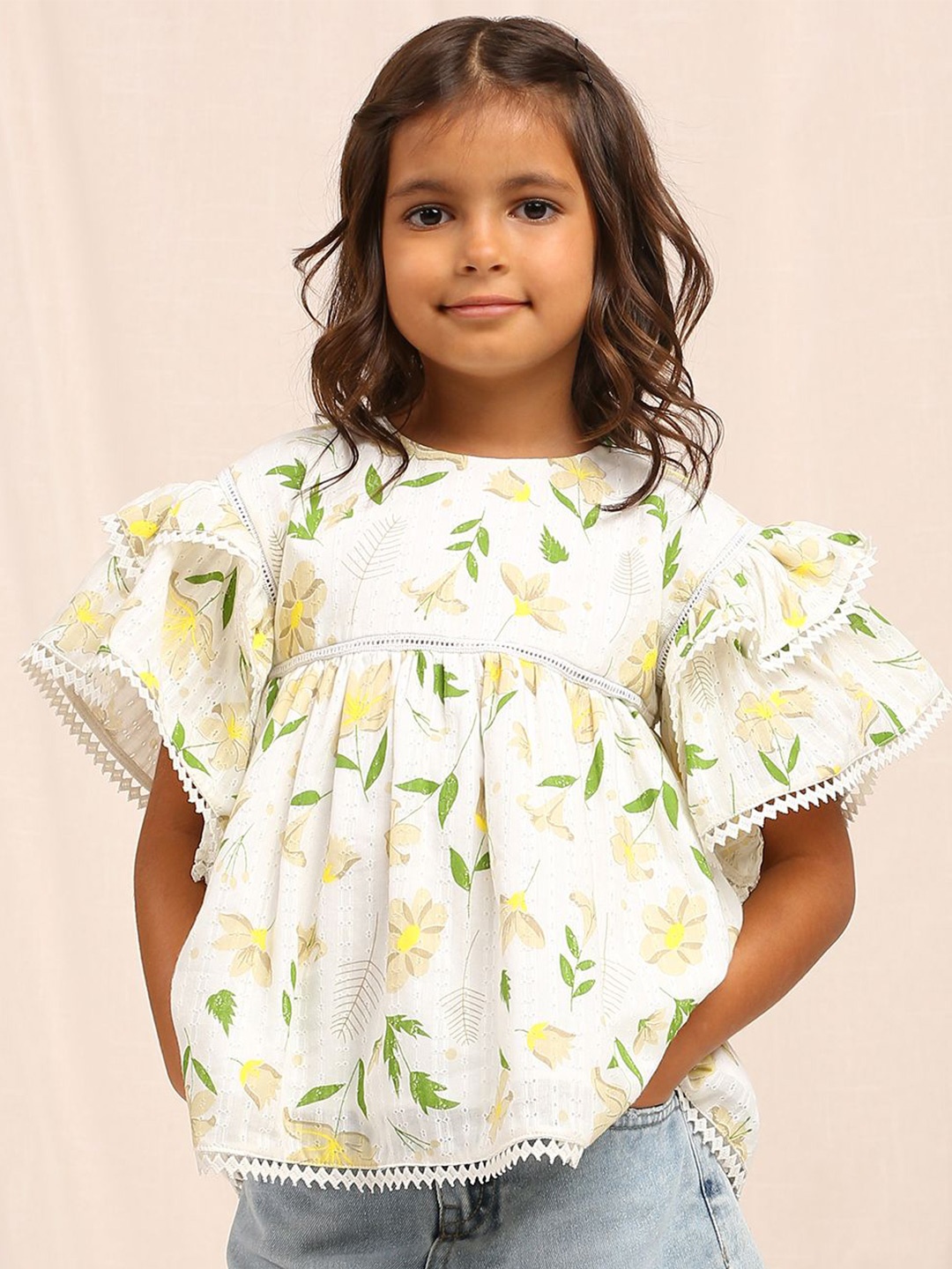 

My Milestones Floral Print Flared Sleeve Ruffles Cotton Top, Yellow