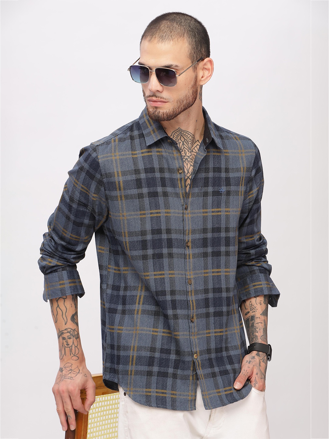 

WROGN Custom Slim Fit Tartan Checked Spread Collar Long Sleeves Casual Shirt, Blue