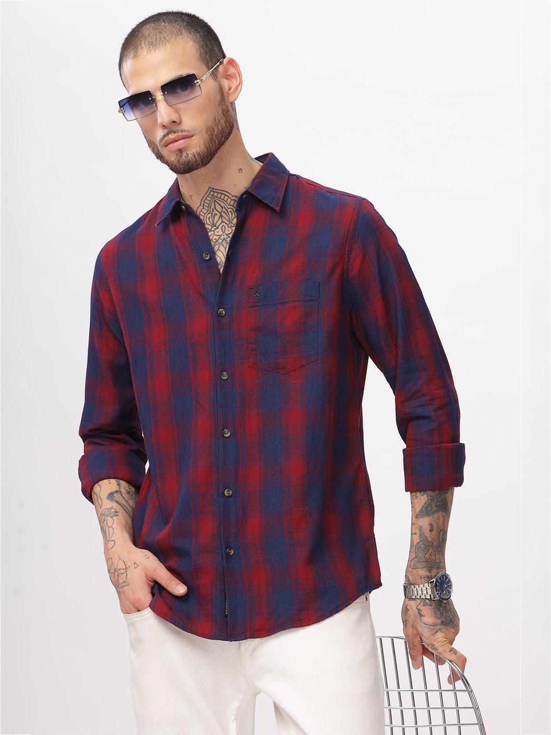 

WROGN Custom Slim Fit Checked Spread Collar Long Sleeves Casual Shirt, Red