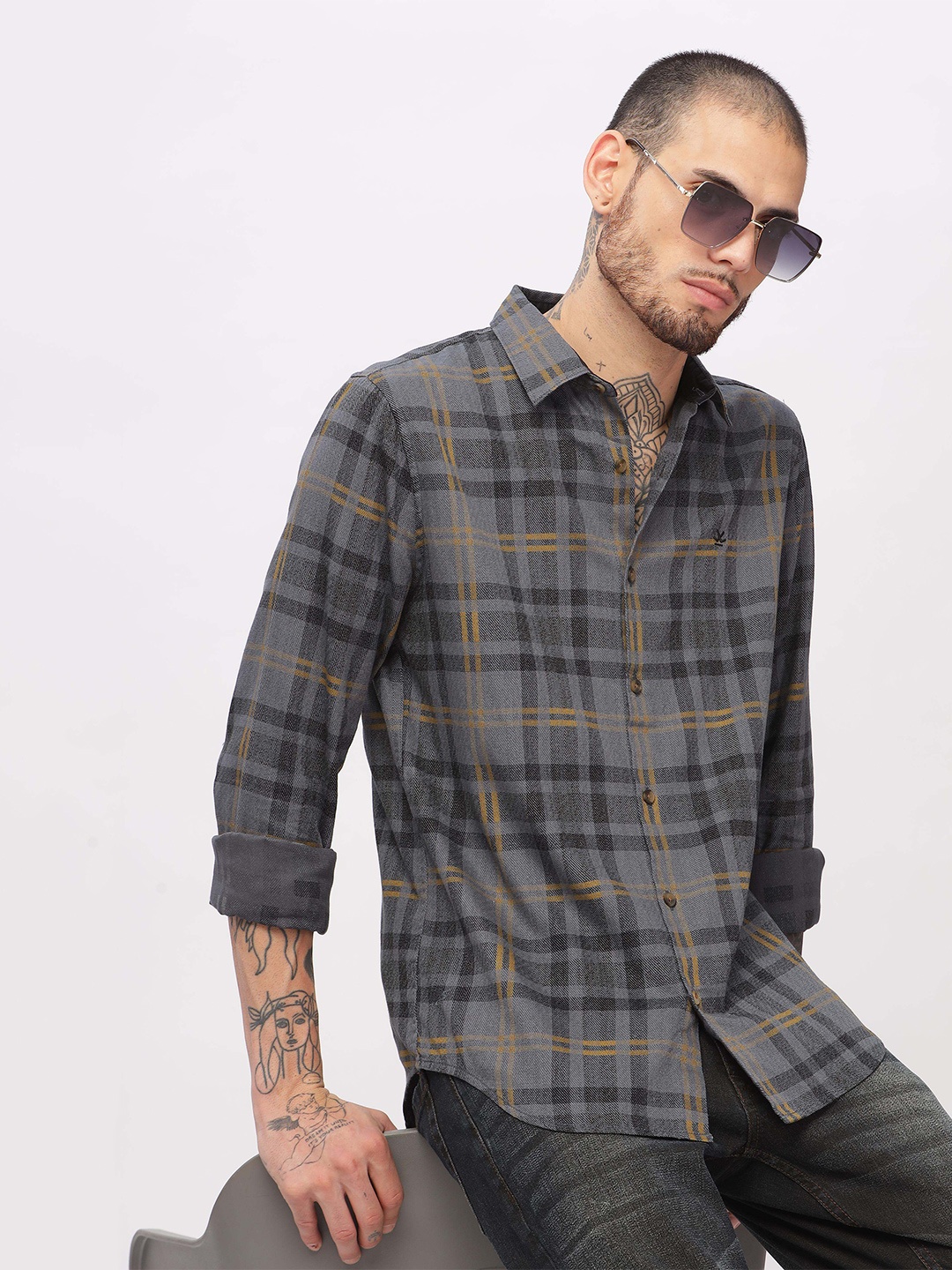 

WROGN Custom Slim Fit Checked Spread Collar Long Sleeves Casual Shirt, Grey