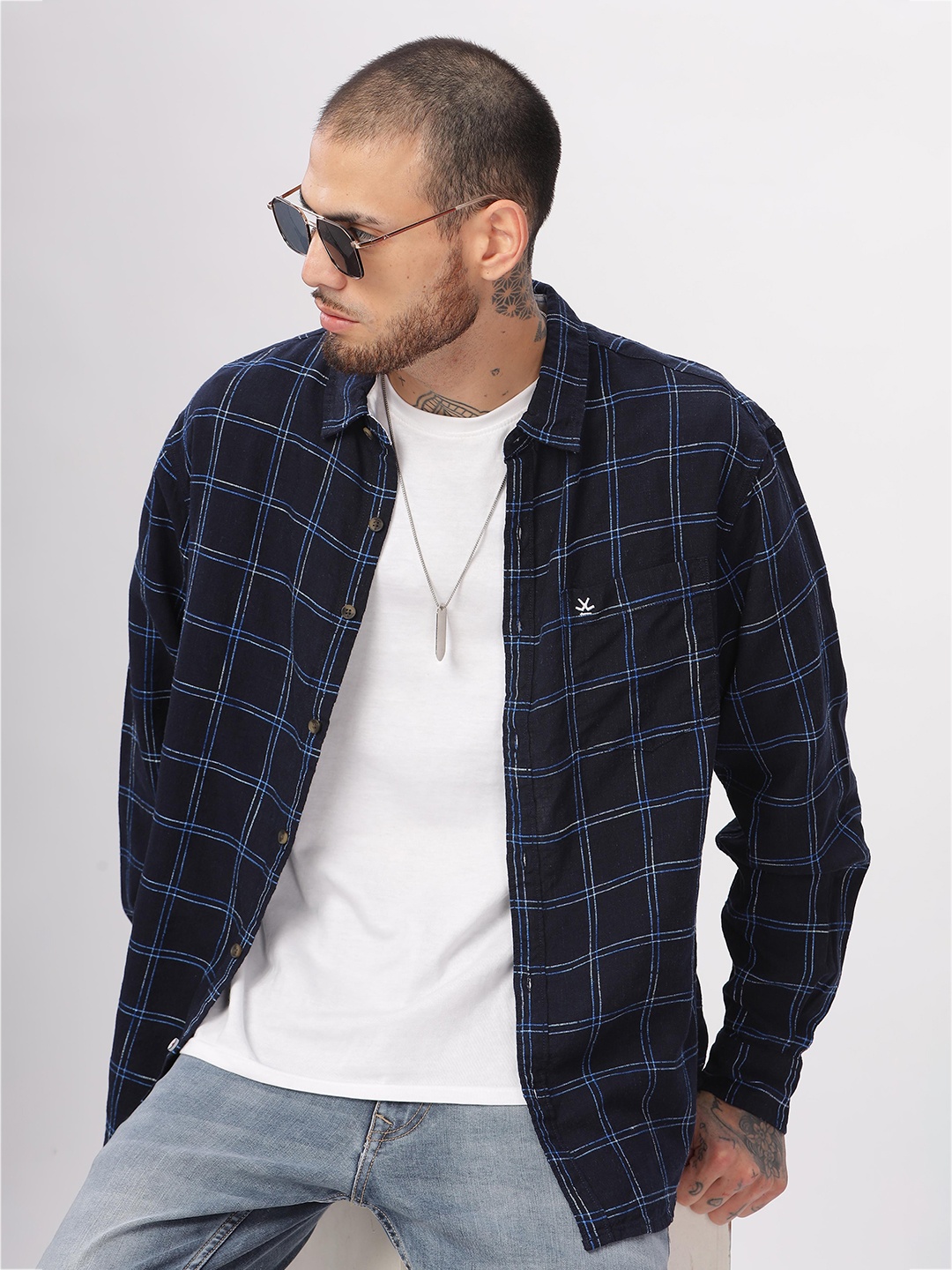 

WROGN Custom Slim Fit Windowpane Checked Spread Collar Casual Shirt, Navy blue