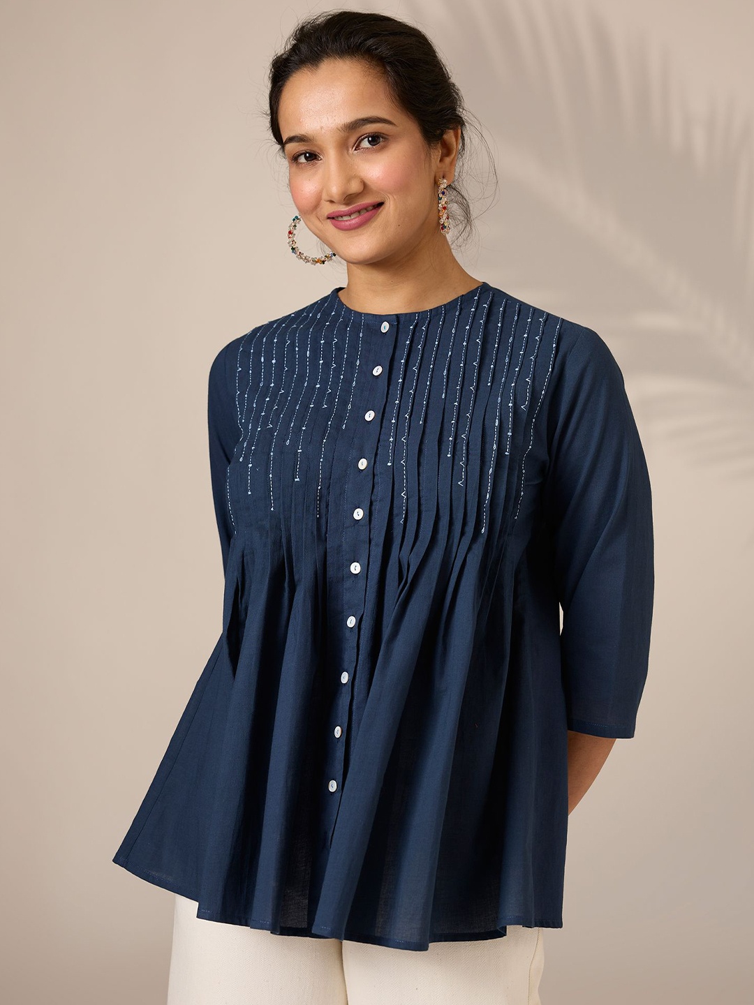 

OKHAI Hand-Embroidered Cotton Shirt Style Top, Navy blue