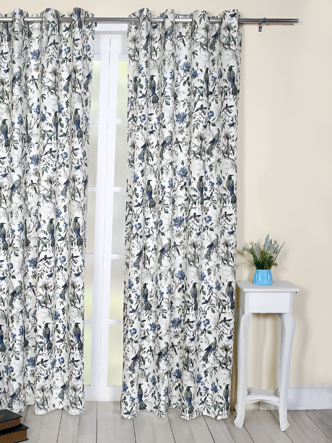 

Soumya White & Blue Floral Printed Cotton Room Darkening Long Door Curtain