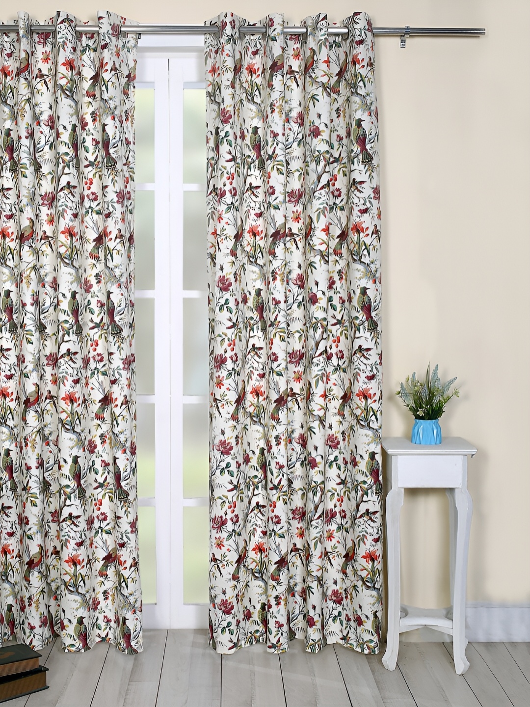 

Soumya White & Red Floral Printed Cotton Room Darkening Door Curtain