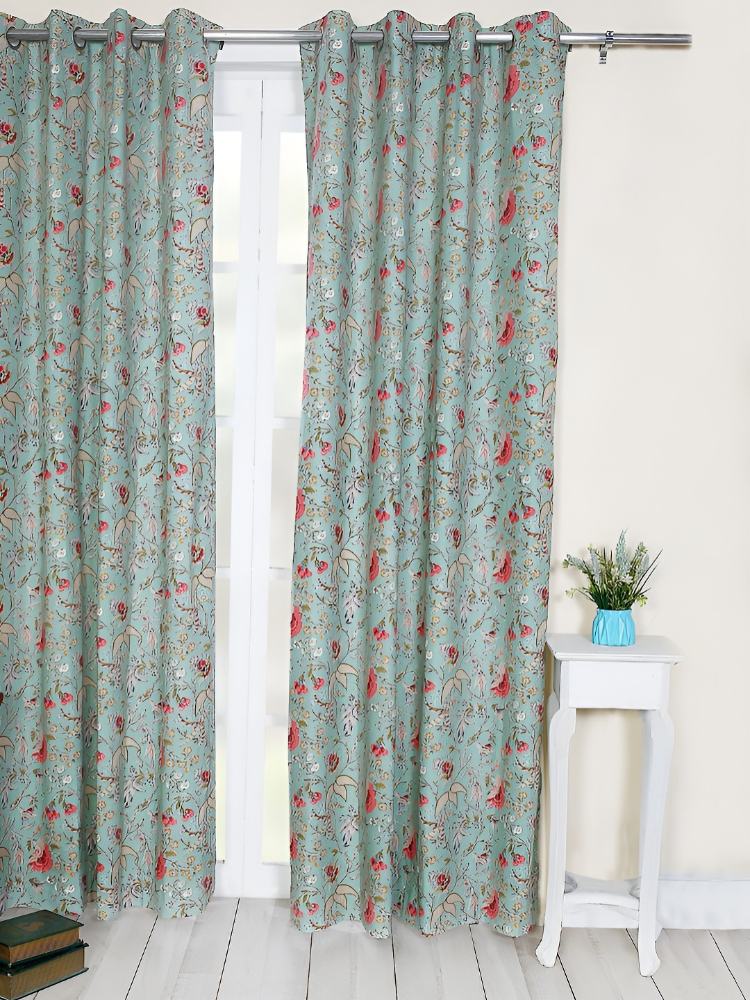 

Soumya Red & Blue Floral Printed Cotton Room Darkening Long Door Curtain