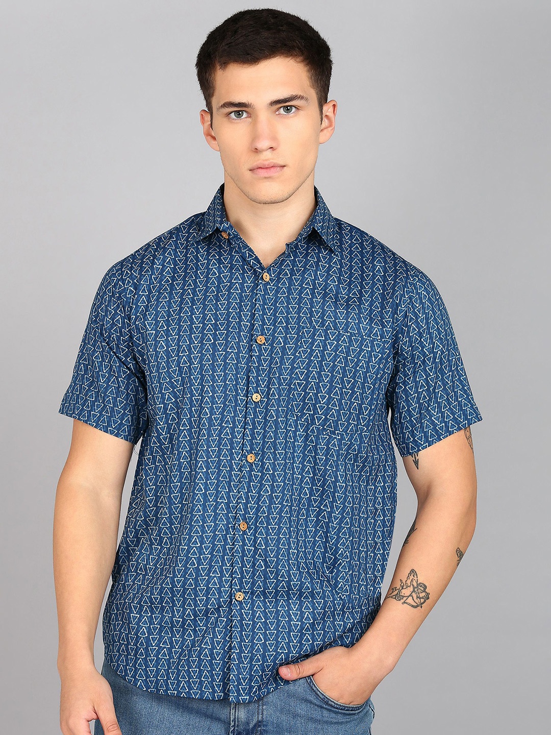 

BLOCKS OF INDIA Comfort Geometric Printed Spread Collar Cotton Casual Shirt, Blue
