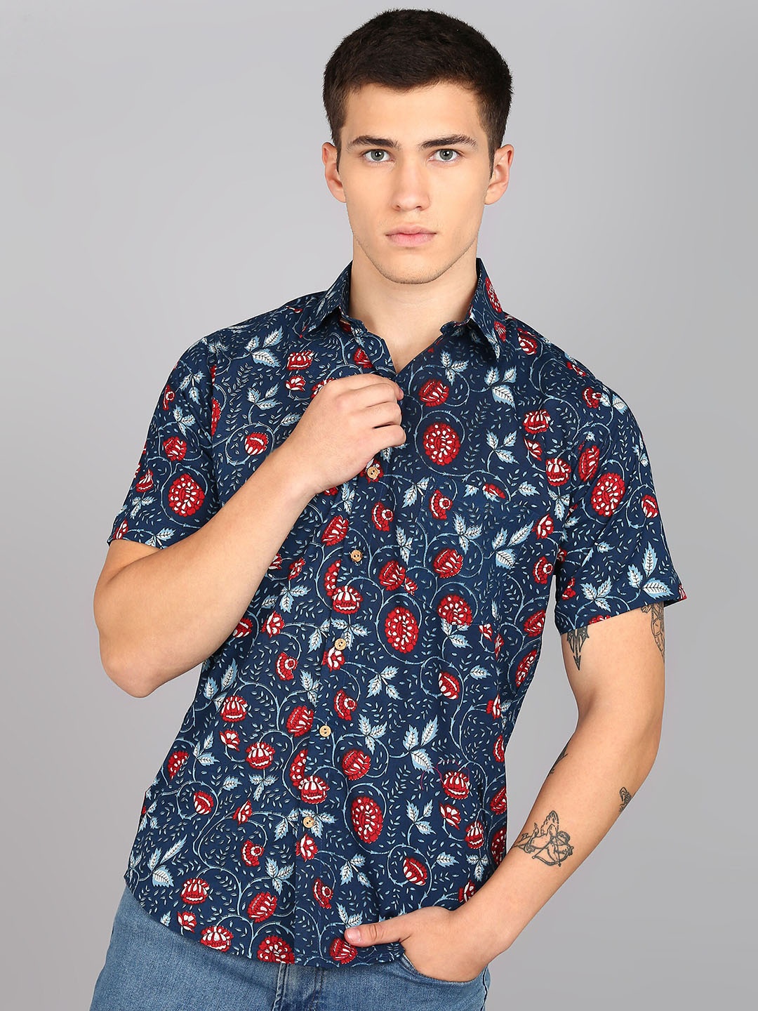 

BLOCKS OF INDIA Comfort Floral Printed Spread Collar Cotton Casual Shirt, Blue