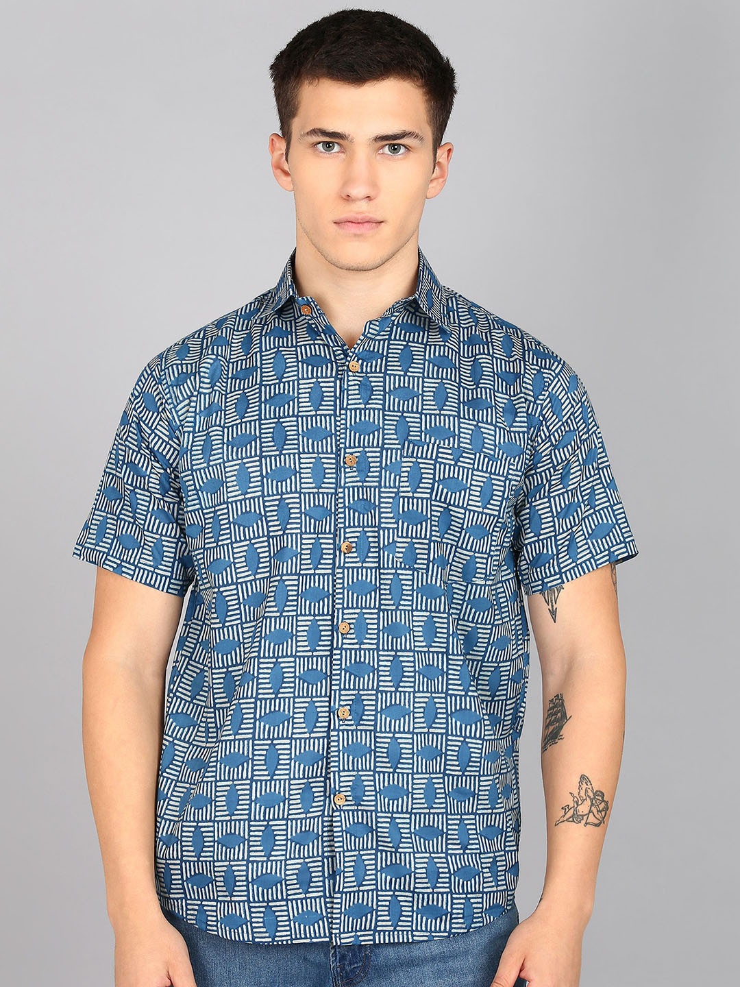 

BLOCKS OF INDIA Comfort Geometric Printed Spread Collar Cotton Casual Shirt, Blue