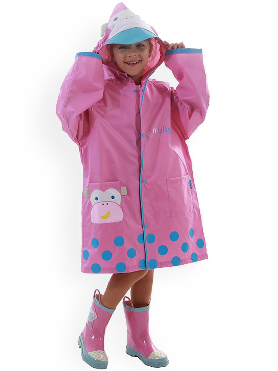 

Little Surprise Box LLP Kids Monkey Printed Knee Length Raincoat, Pink