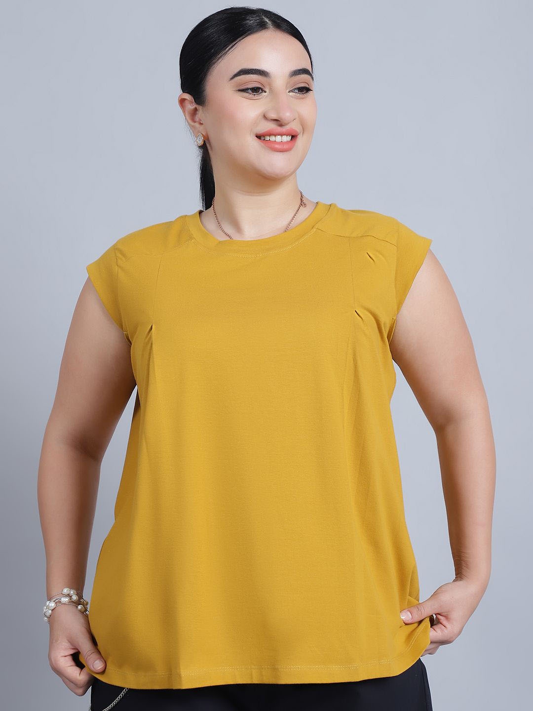 

Baawri Solid Cap Sleeves A-Line Top, Mustard