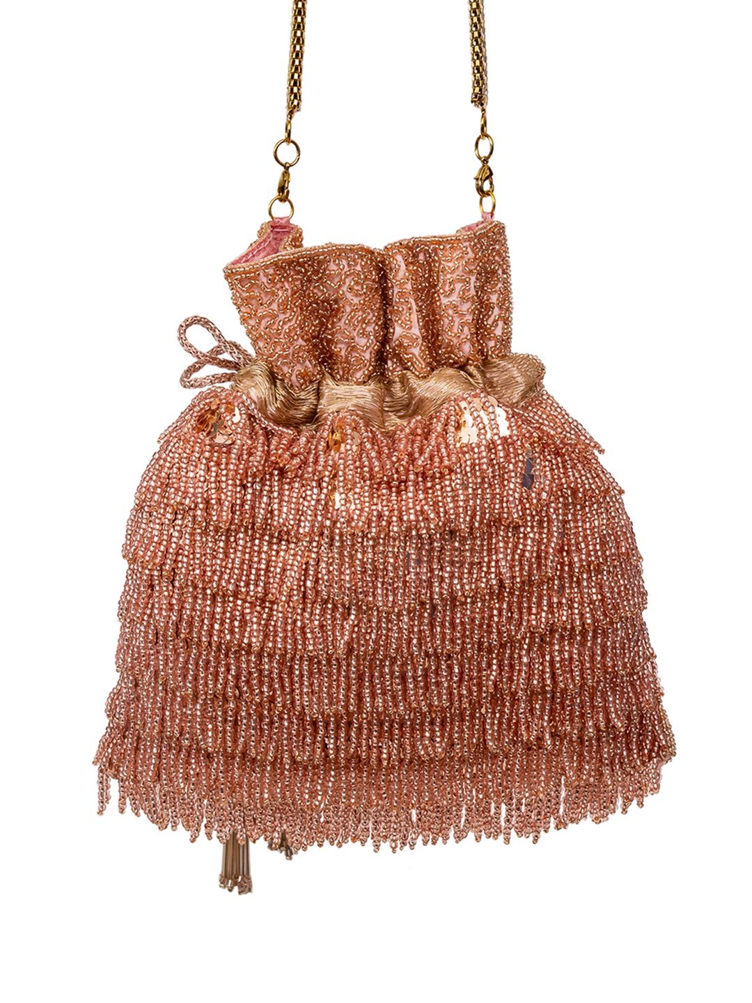 

SG by Sonia Gulrajani Embellished Potli Clutch With Fringed, Rose gold