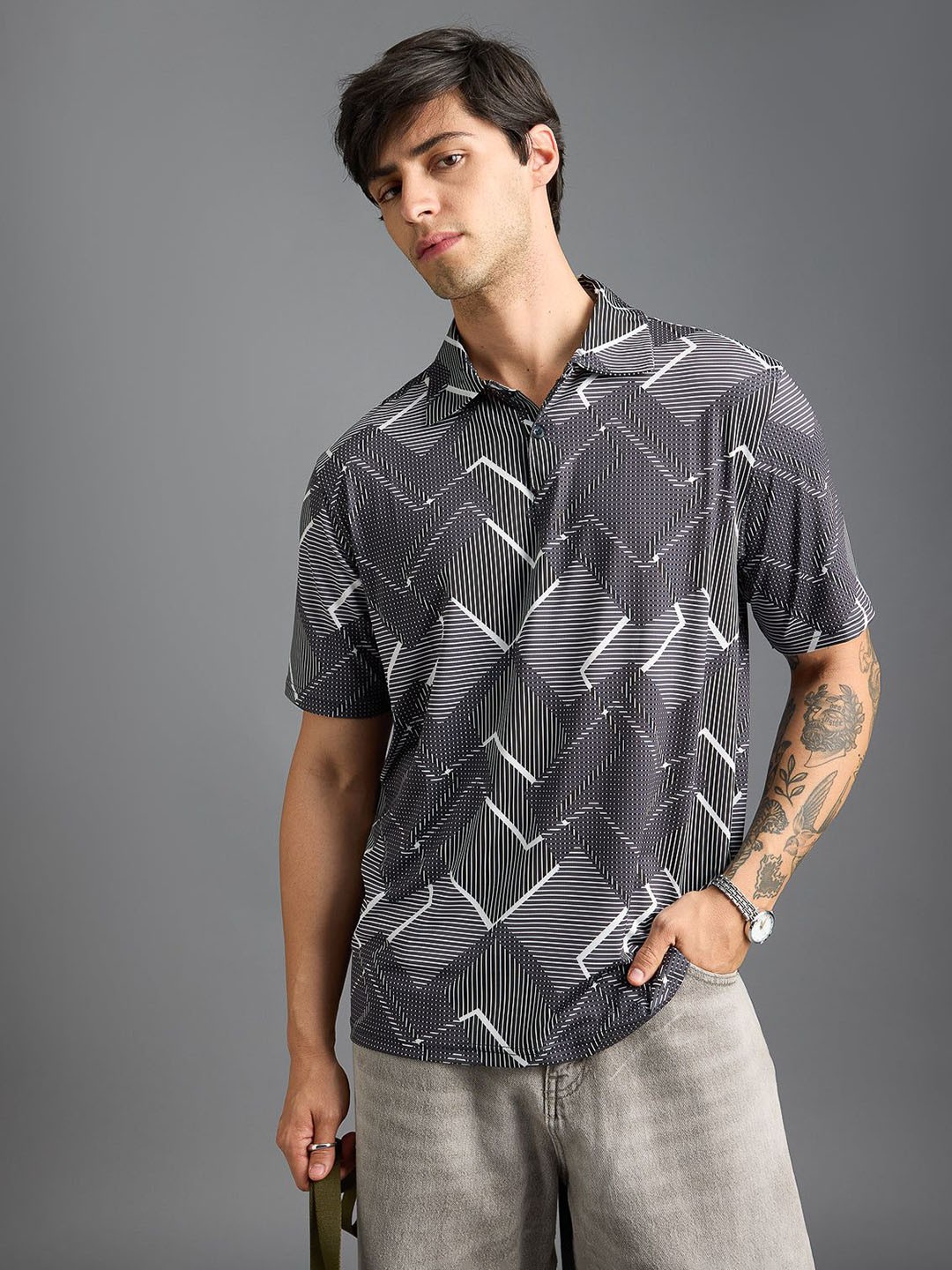 

FREAKINS Men Printed Polo Collar T-shirt, Grey
