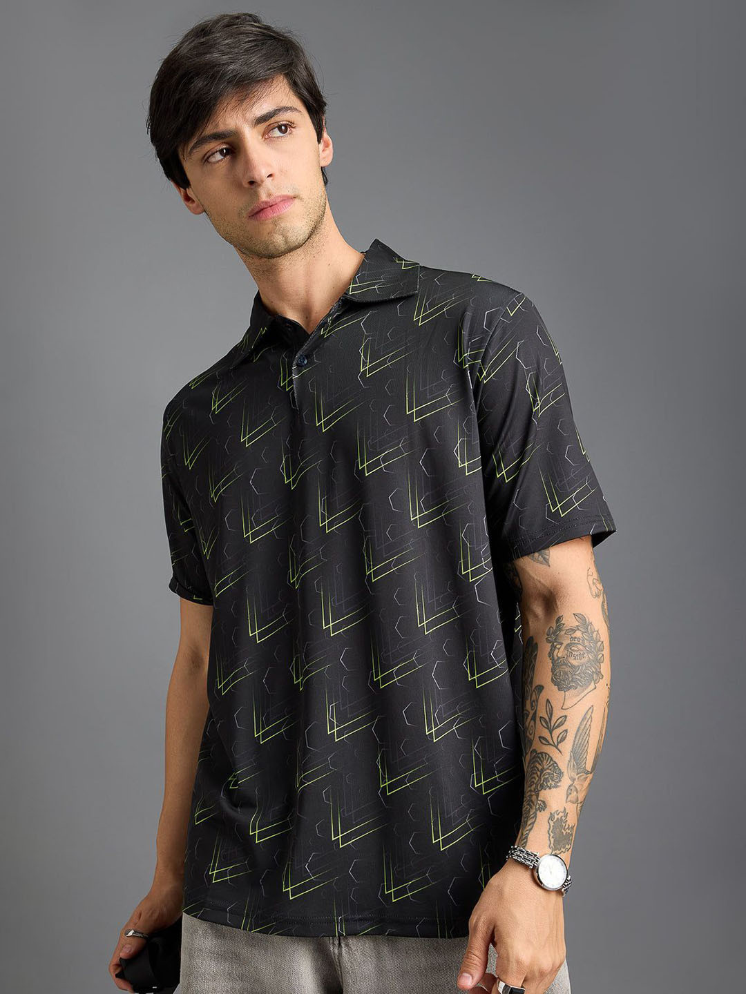 

FREAKINS Men Printed Polo Collar T-shirt, Black