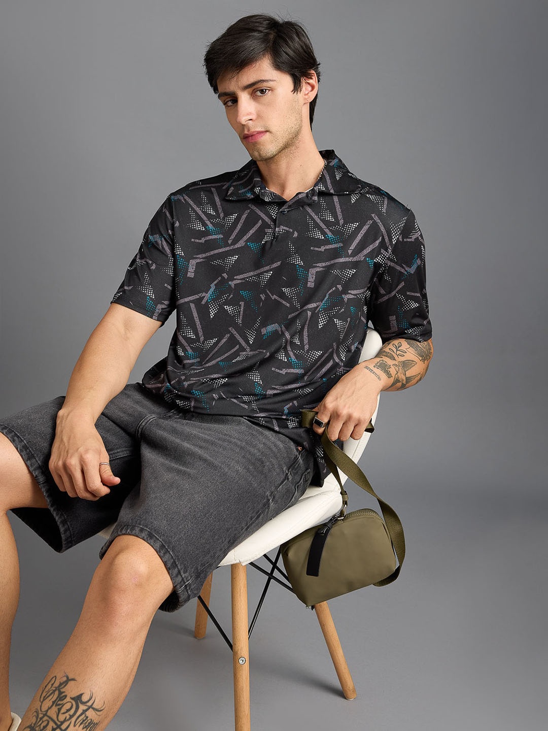 

FREAKINS Men Abstract Printed Polo Collar T-shirt, Black