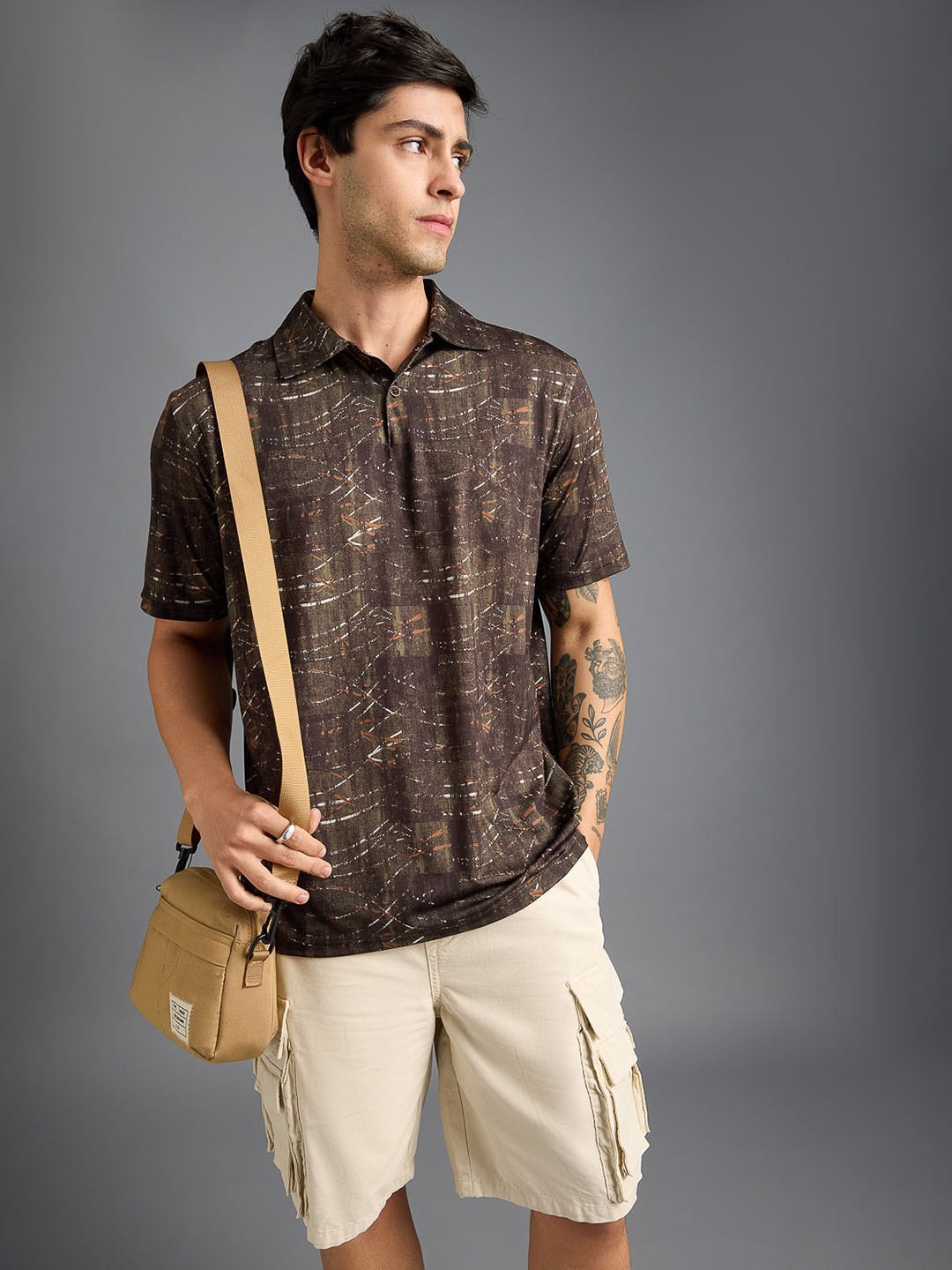 

FREAKINS Men Printed Polo Collar T-shirt, Brown