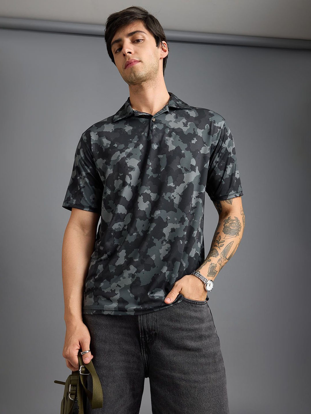 

FREAKINS Men Printed Polo Collar T-shirt, Black