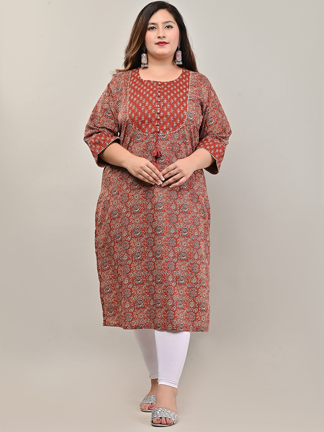 

KALINI Ethnic Motifs Printed Flared Sleeves Patchwork Floral Kurta, Maroon