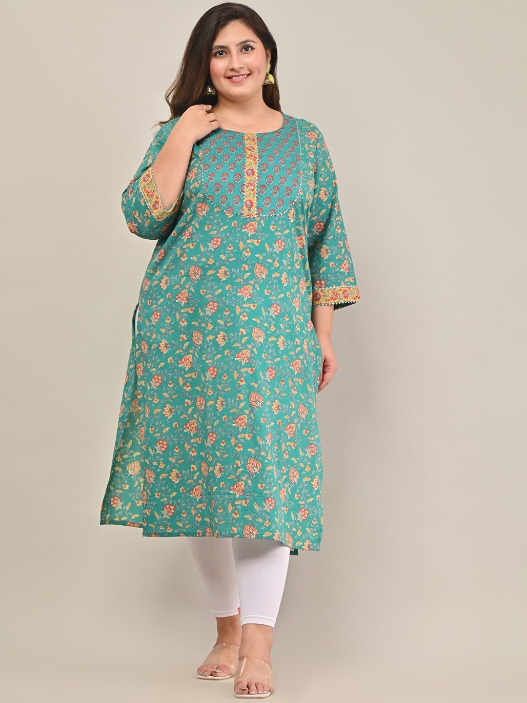 KALINI Floral Printed Thread Work Floral Straight Kurta, Turquoise blue
