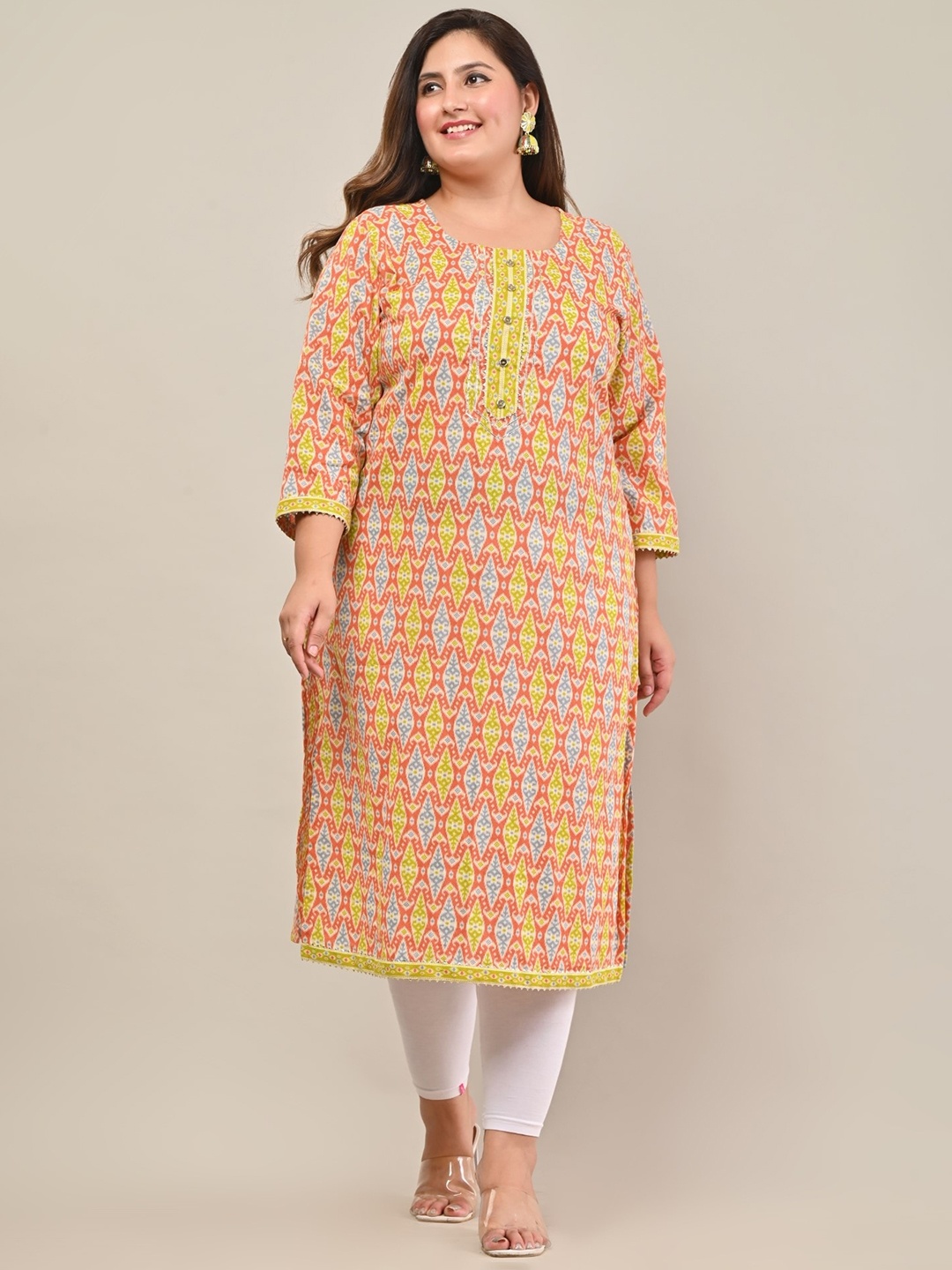 

KALINI Floral Printed Sequinned Floral Straight Kurta, Peach