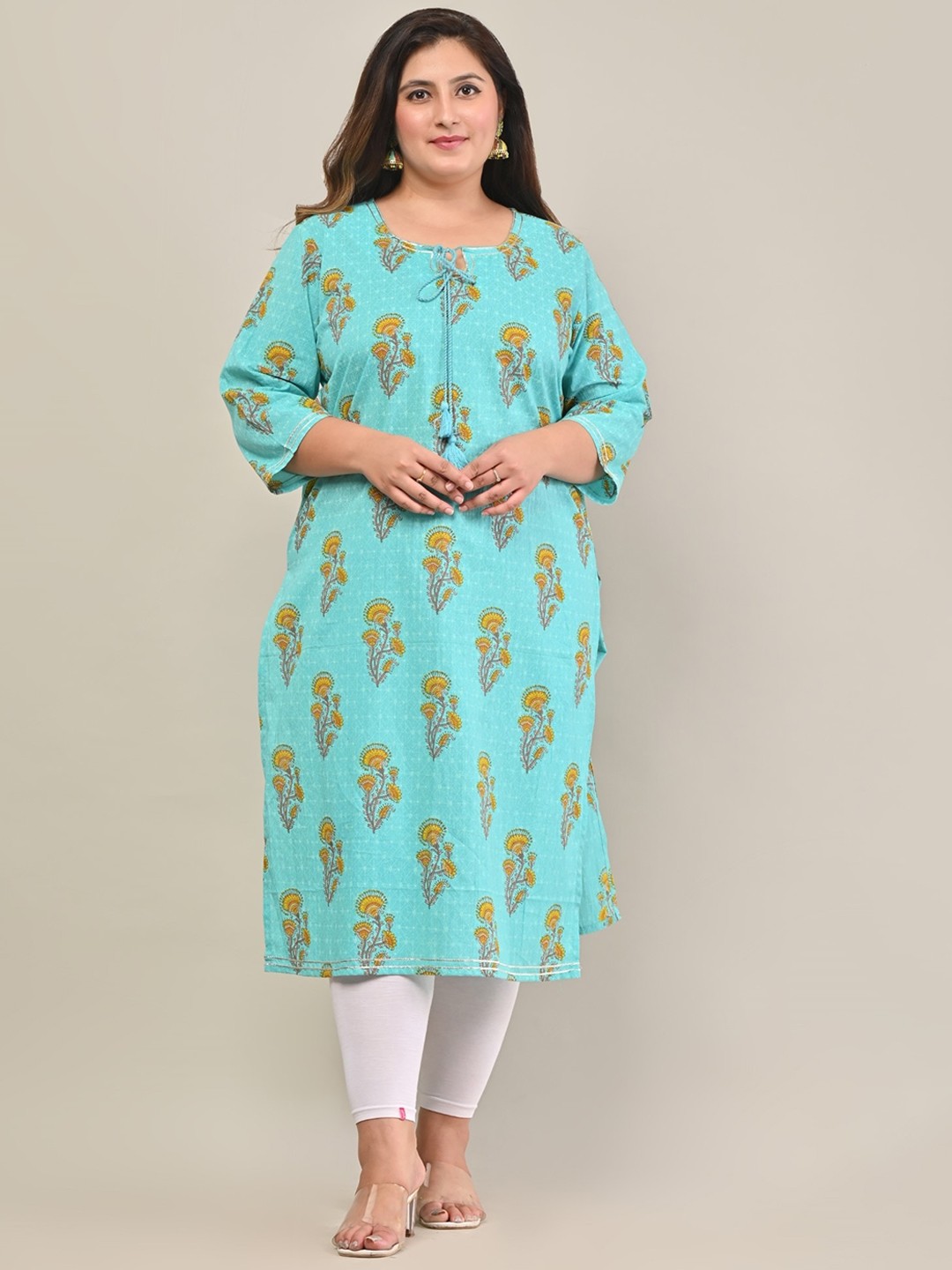 

KALINI Floral Printed Straight Kurta, Turquoise blue