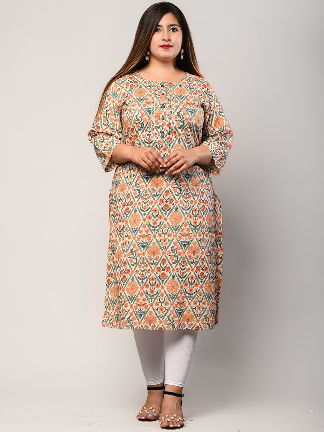 

KALINI Ethnic Motifs Printed Flared Sleeves Sequinned Floral Kurta, Beige