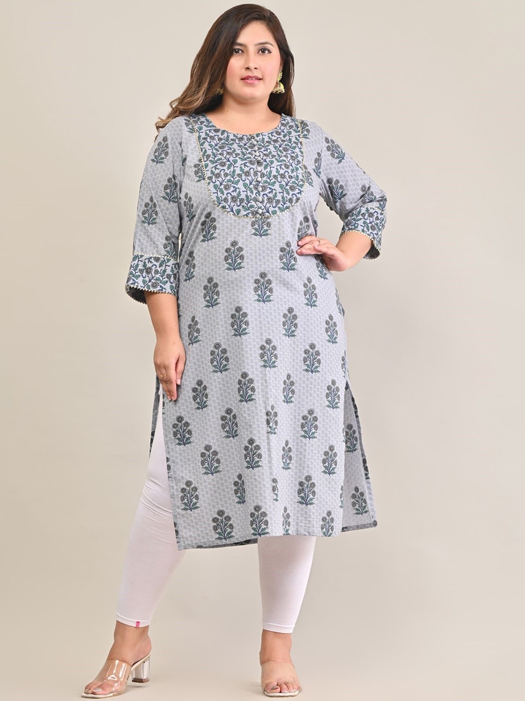 

KALINI Floral Printed Flared Sleeves Thread Work Floral Straight Kurta, Grey