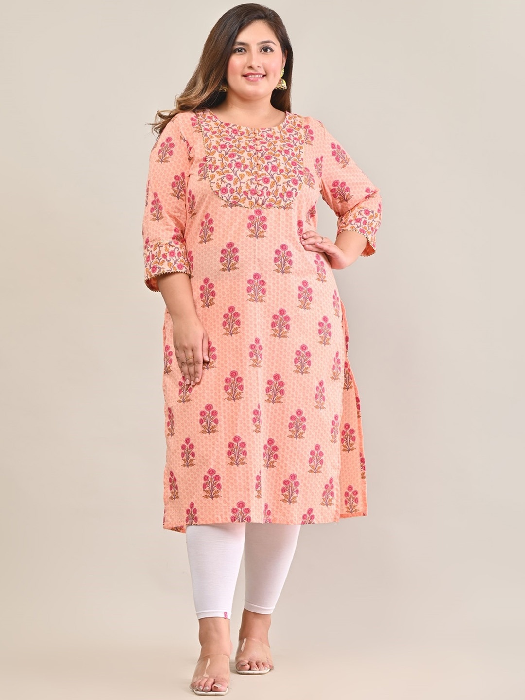 

KALINI Floral Printed Straight Kurta, Peach