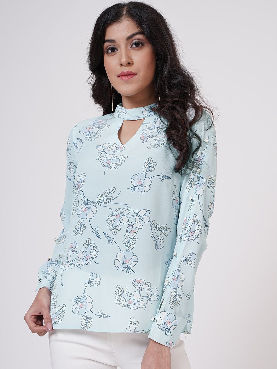 SHECZZAR Floral Print Keyhole Neck Georgette Top, Blue