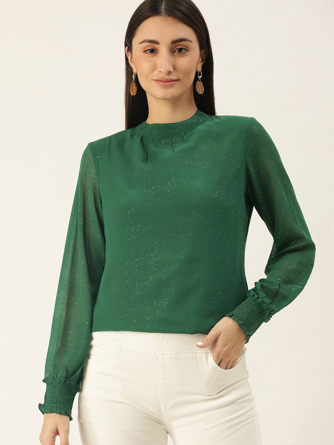 

SHECZZAR Embellished Georgette Cuffed Sleeves Top, Green