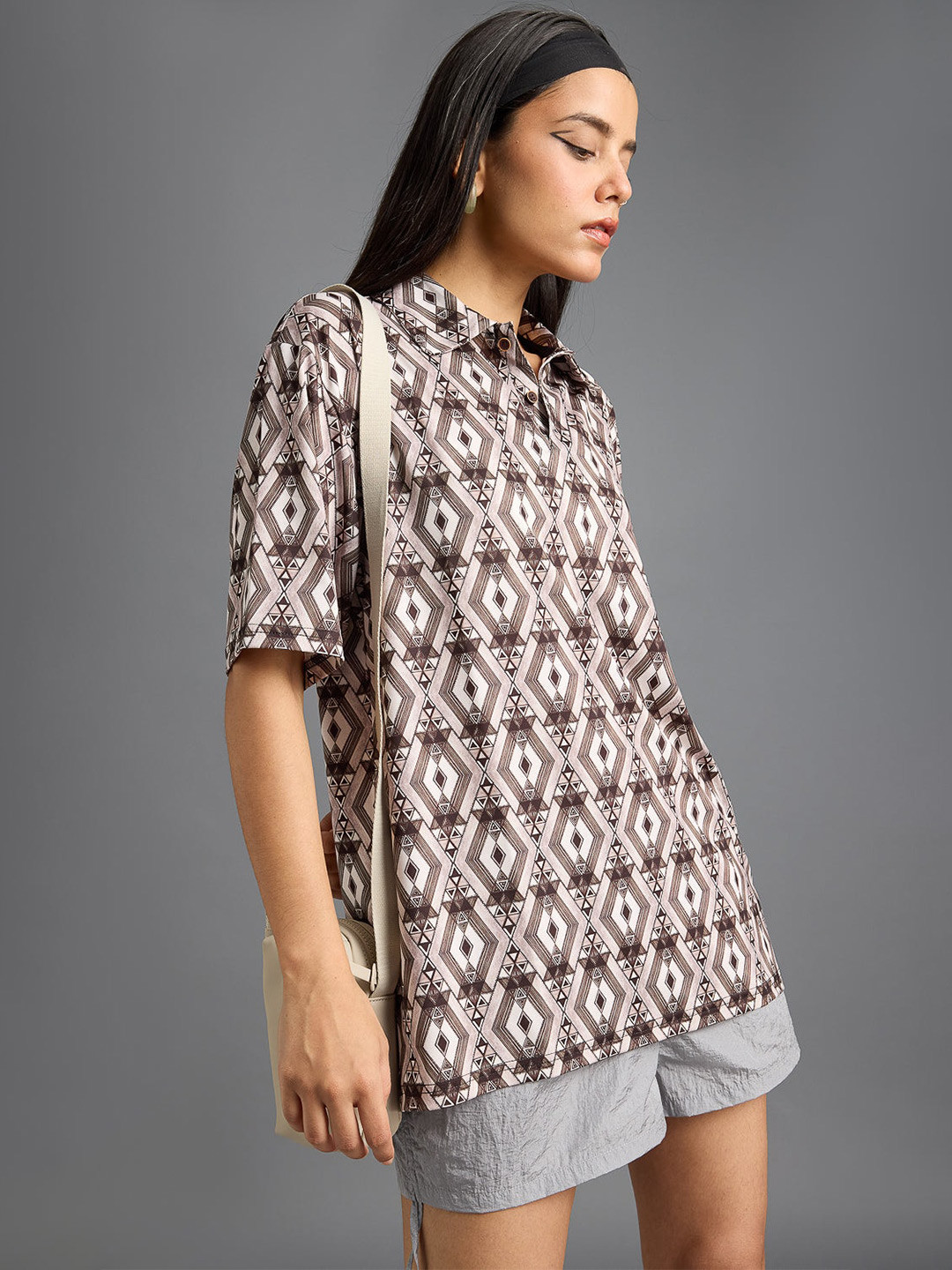 

FREAKINS Women Geometric Printed Polo Collar T-shirt, Brown
