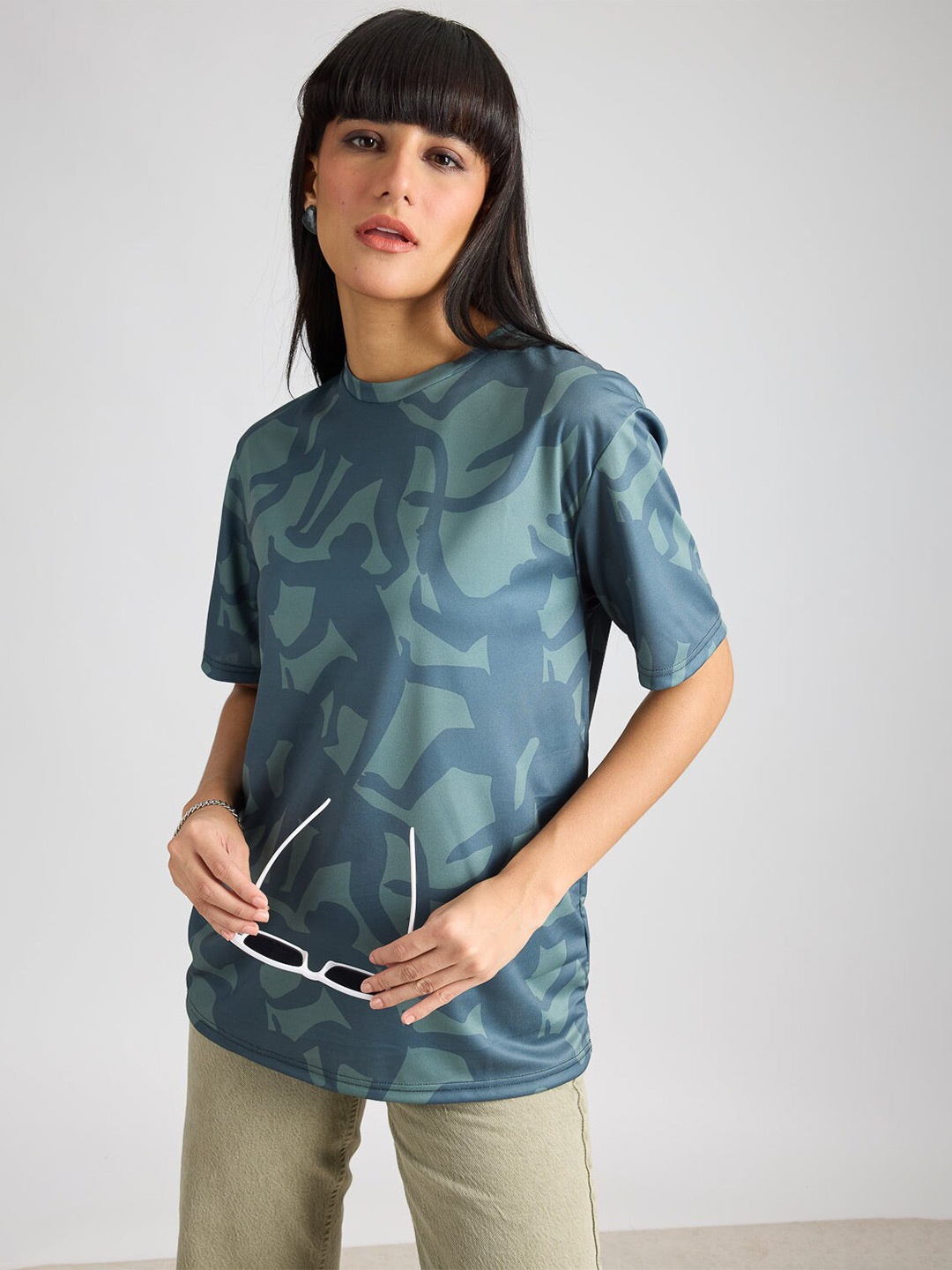 FREAKINS Women Conversational Printed Round Neck T-shirt, Teal