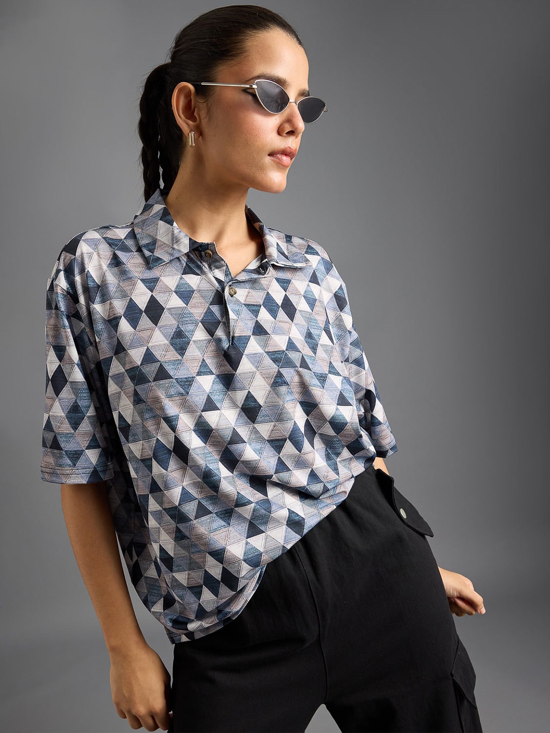 

FREAKINS Women Geometric Printed Polo Collar T-shirt, Multi