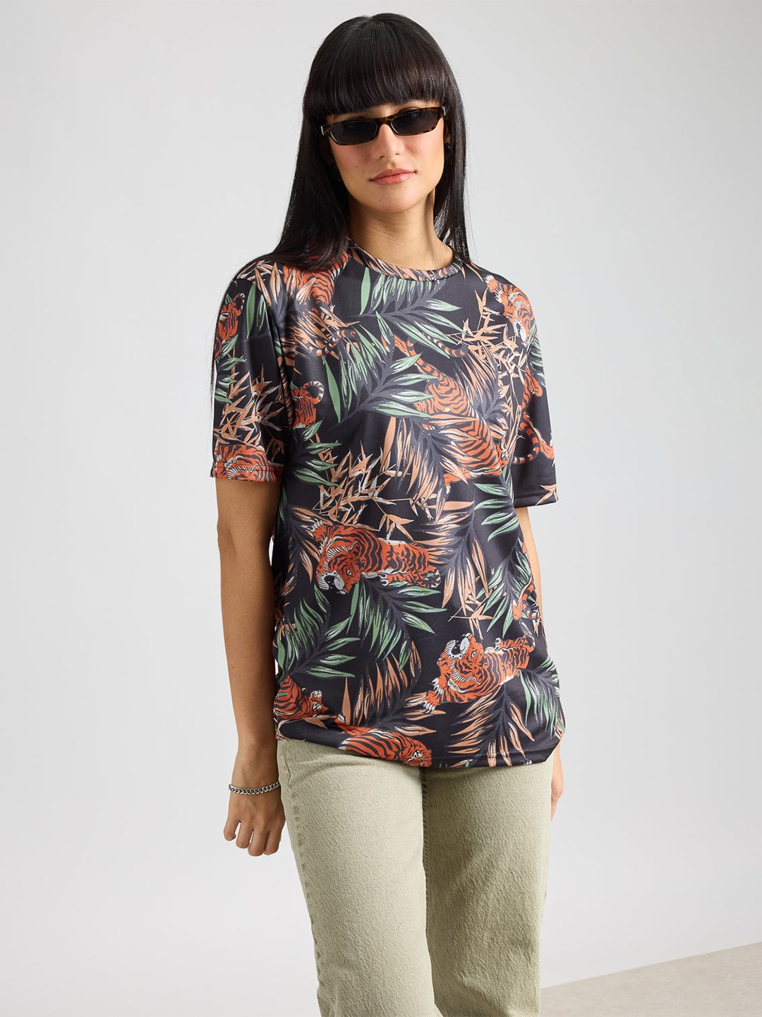

FREAKINS Women Tropical Printed Round Neck T-shirt, Black