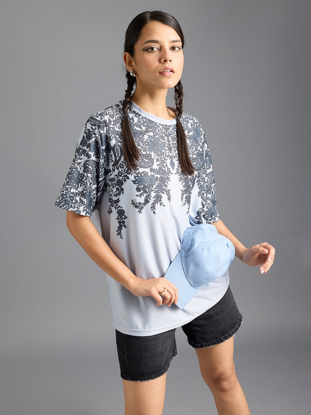 

FREAKINS Women Floral Printed Round Neck T-shirt, Grey